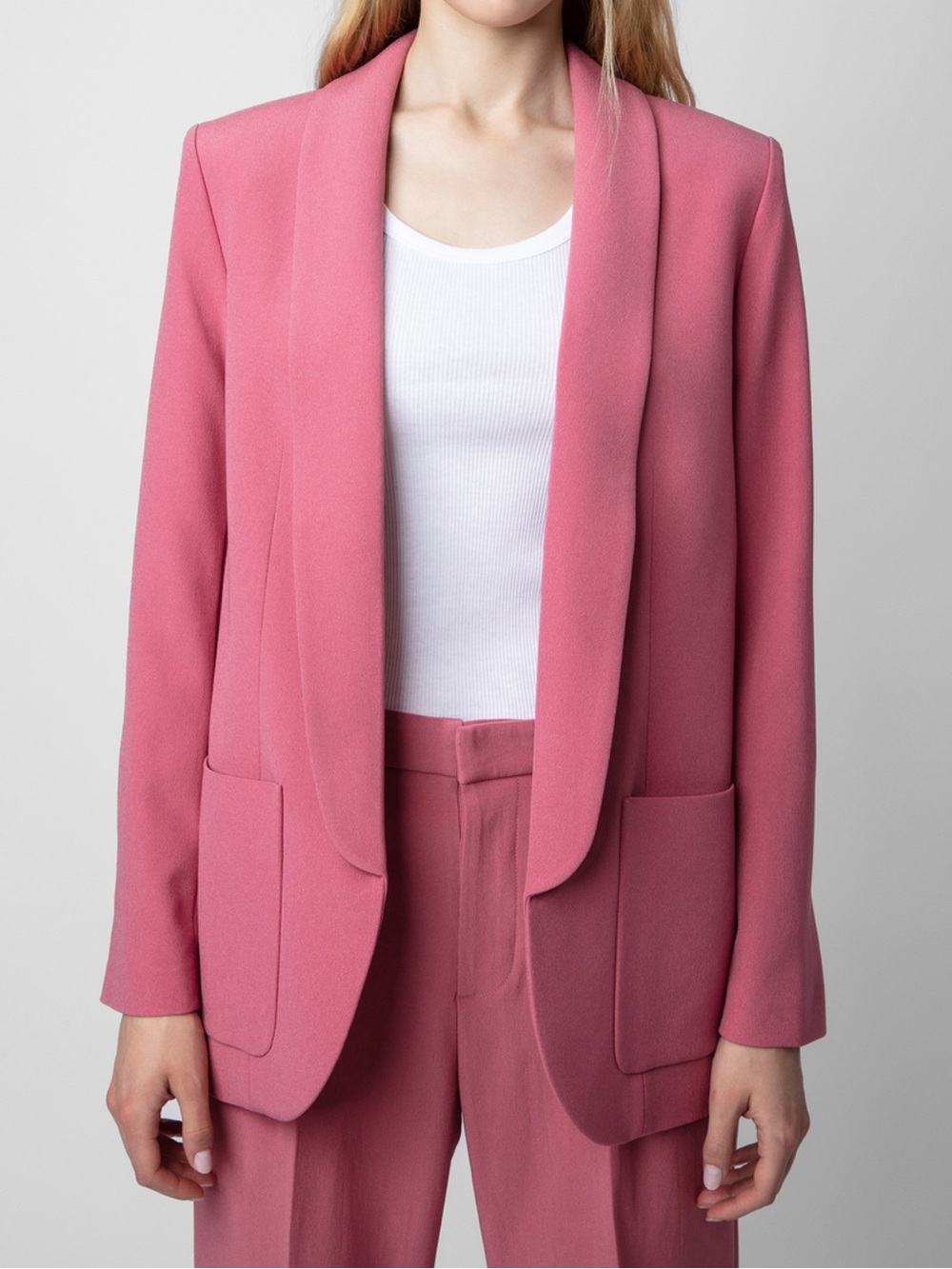 Zadig & Voltaire Verdun Crepe Pink Open Front Shawl Collar Blazer Size 40